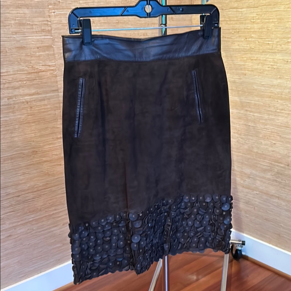 Per Se Brown Suede and Leather Skirt with Button Detailing